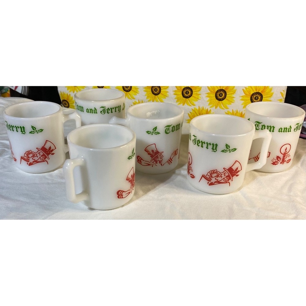 6 Vintage Tom & Jerry Christmas Auld Lang Syne Milk Glass Mugs Hazel Atlas Mint